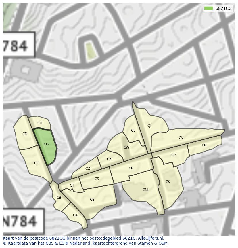 Afbeelding van het postcodegebied 6821 CG op de kaart.
