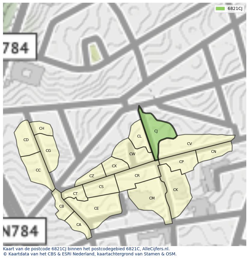 Afbeelding van het postcodegebied 6821 CJ op de kaart.