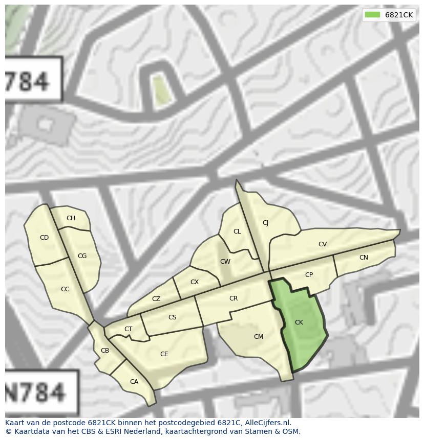 Afbeelding van het postcodegebied 6821 CK op de kaart.