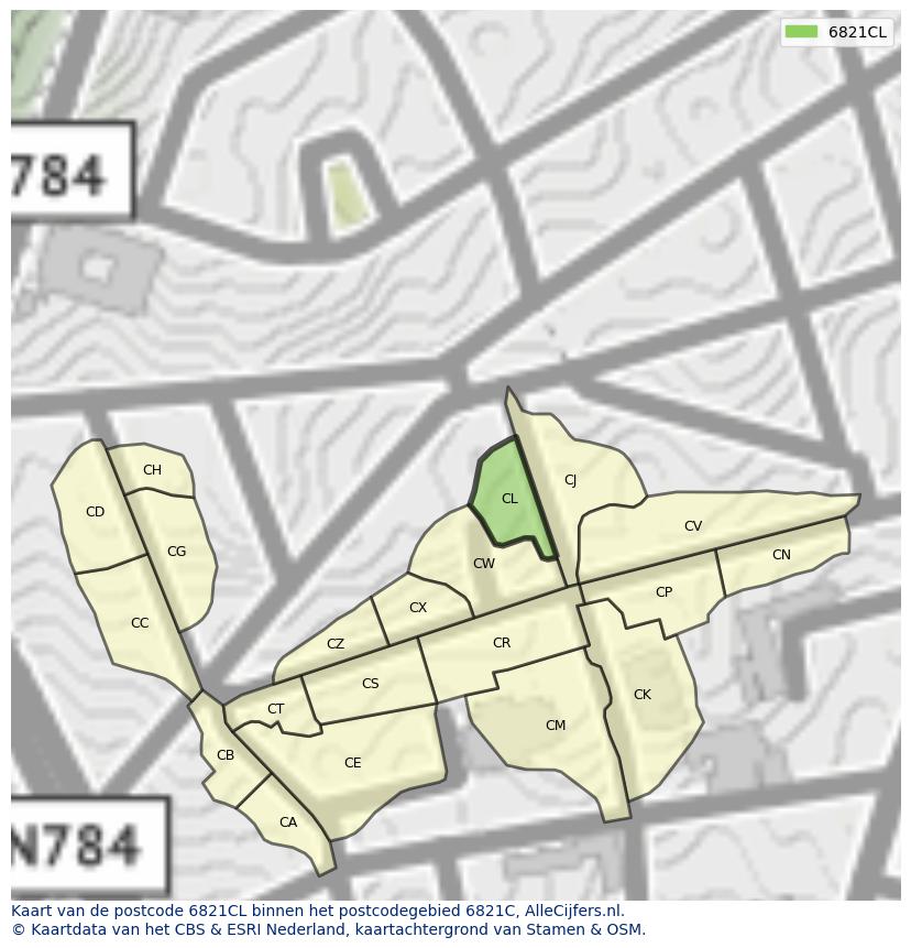 Afbeelding van het postcodegebied 6821 CL op de kaart.