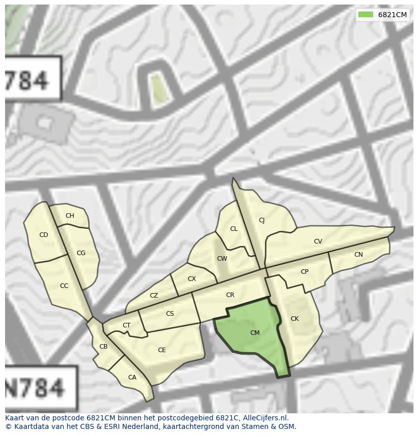 Afbeelding van het postcodegebied 6821 CM op de kaart.