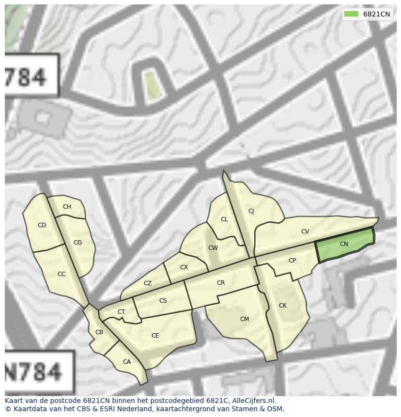 Afbeelding van het postcodegebied 6821 CN op de kaart.