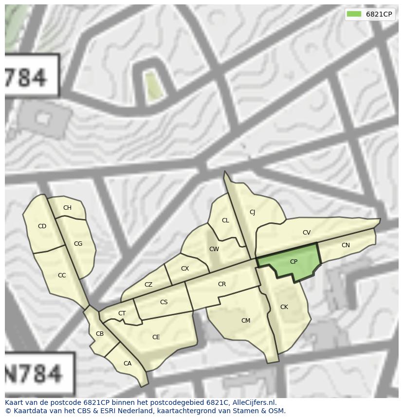 Afbeelding van het postcodegebied 6821 CP op de kaart.