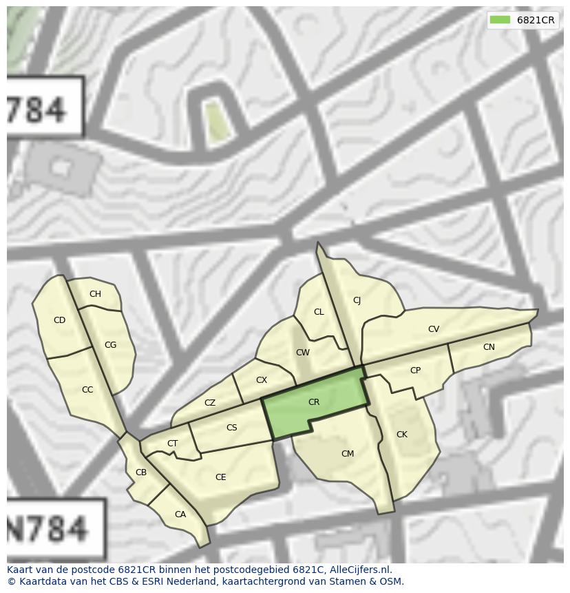 Afbeelding van het postcodegebied 6821 CR op de kaart.