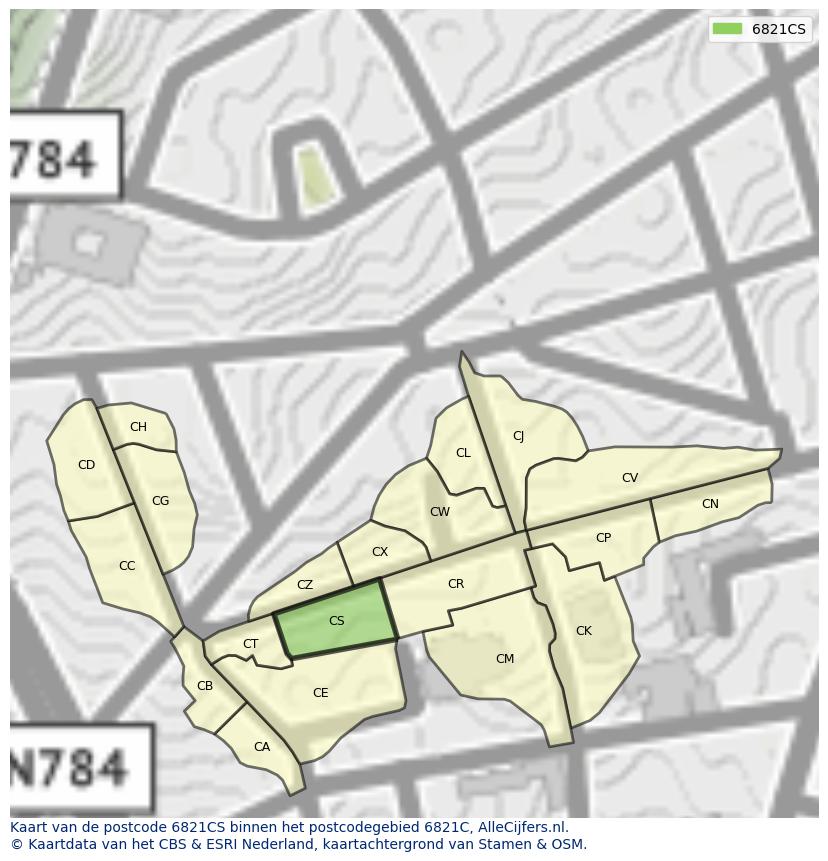 Afbeelding van het postcodegebied 6821 CS op de kaart.