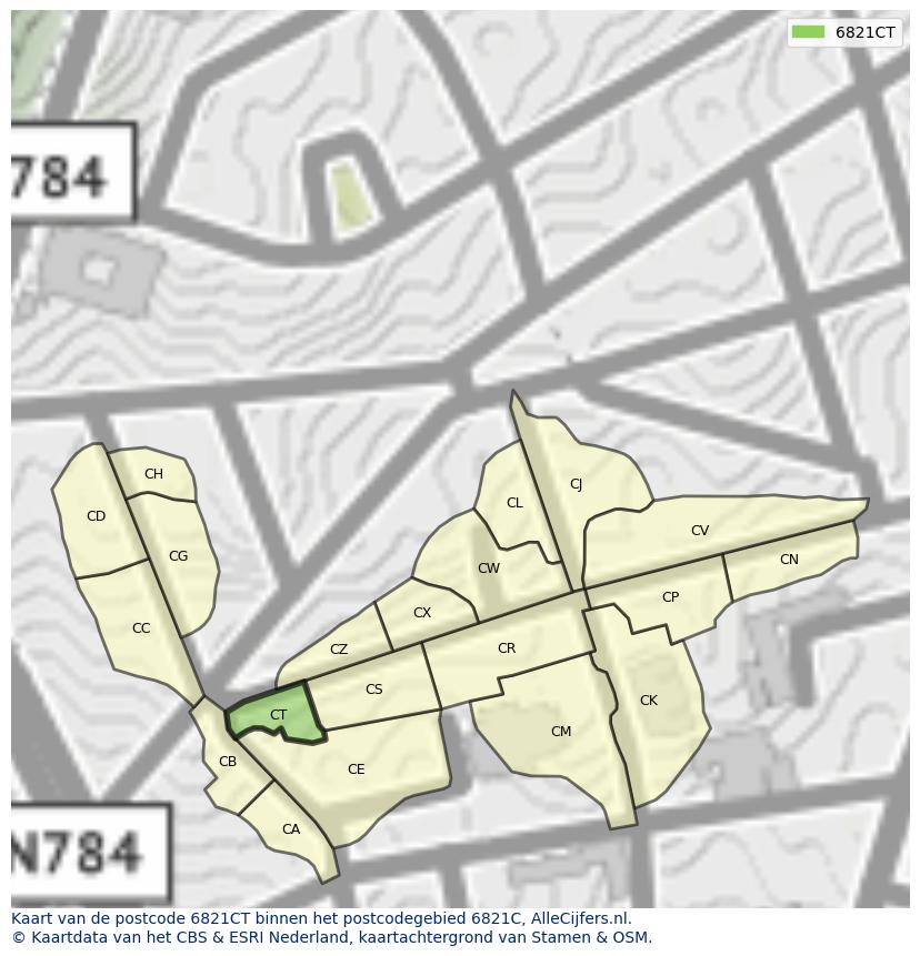 Afbeelding van het postcodegebied 6821 CT op de kaart.