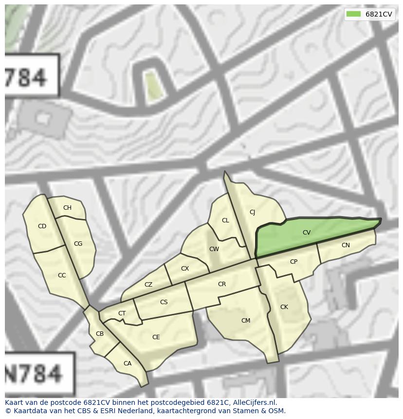 Afbeelding van het postcodegebied 6821 CV op de kaart.