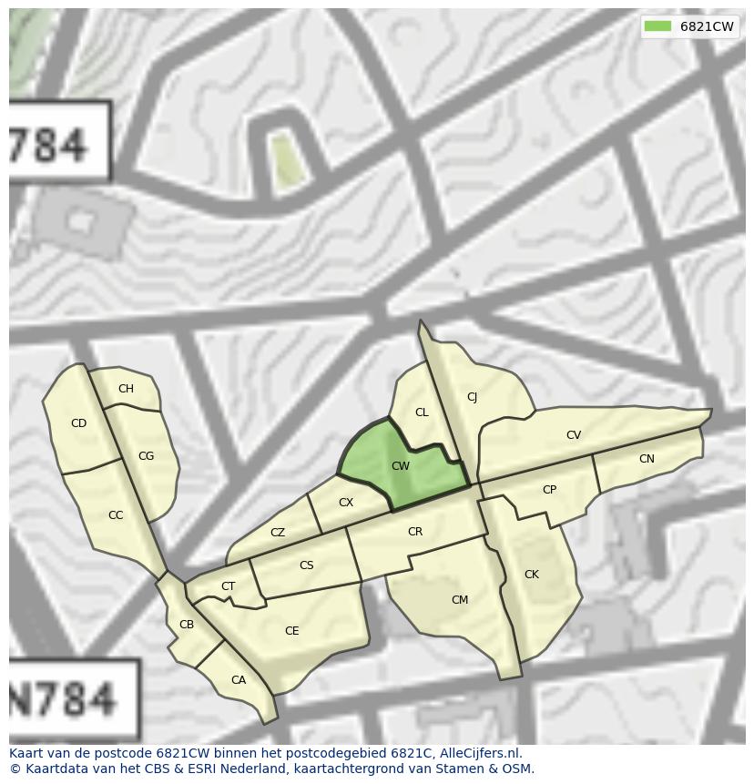 Afbeelding van het postcodegebied 6821 CW op de kaart.