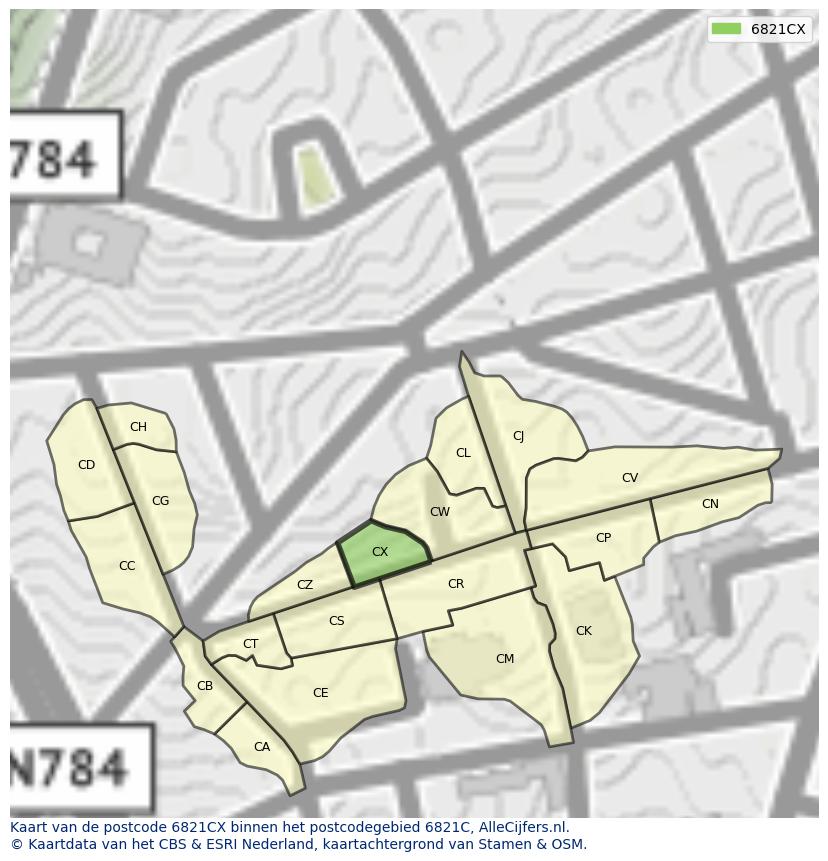 Afbeelding van het postcodegebied 6821 CX op de kaart.