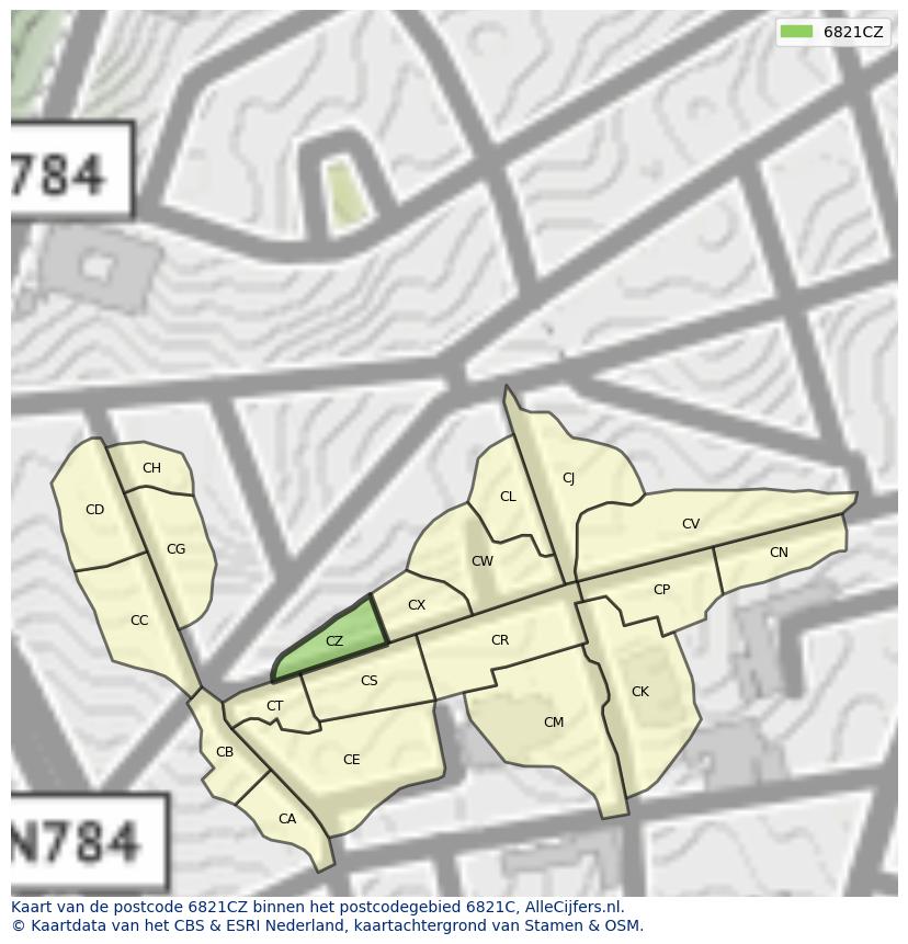 Afbeelding van het postcodegebied 6821 CZ op de kaart.