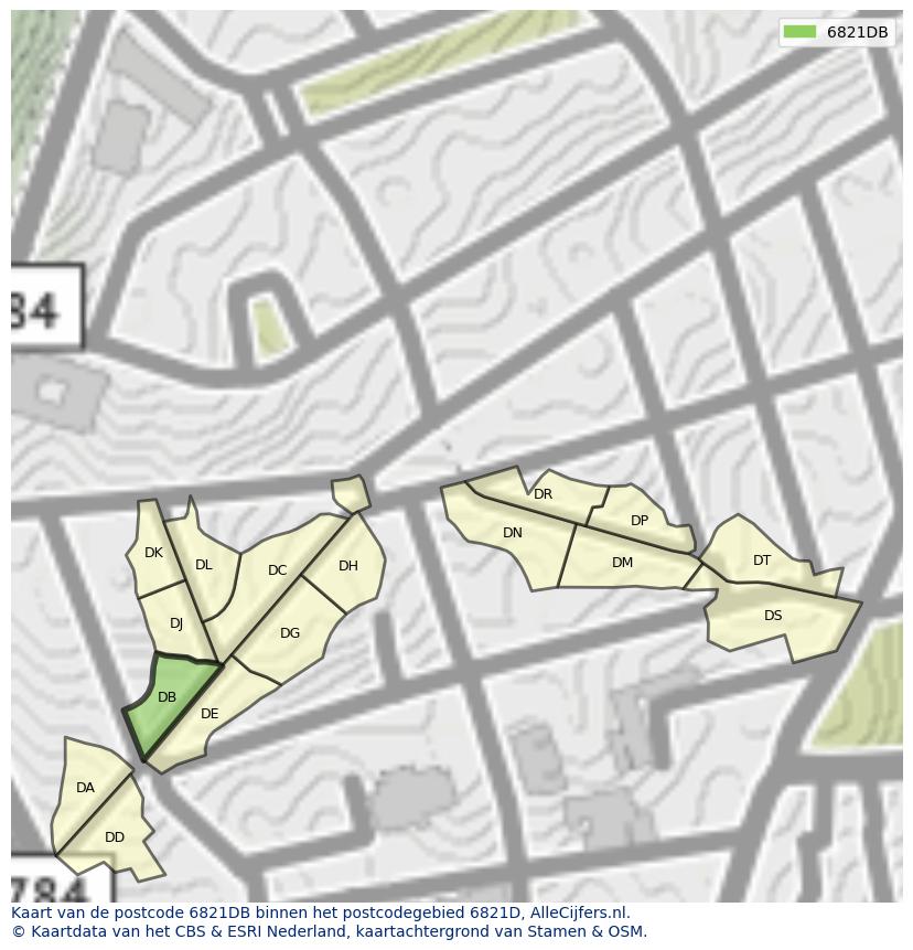 Afbeelding van het postcodegebied 6821 DB op de kaart.