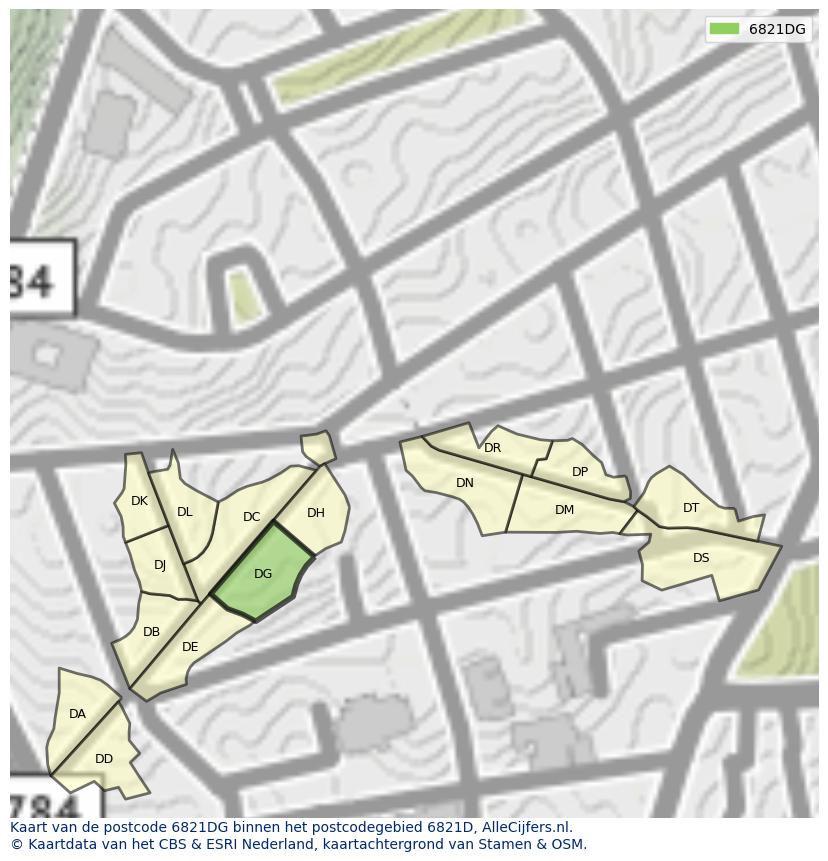 Afbeelding van het postcodegebied 6821 DG op de kaart.