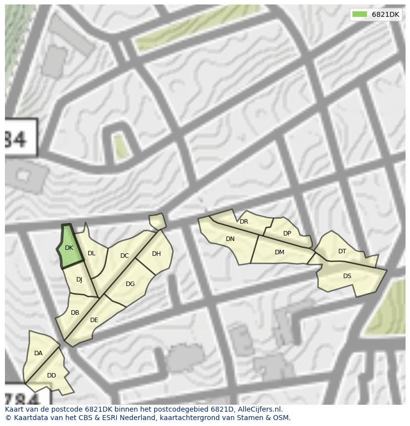 Afbeelding van het postcodegebied 6821 DK op de kaart.