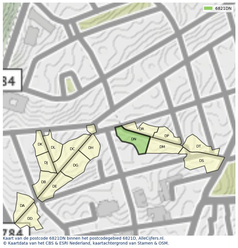 Afbeelding van het postcodegebied 6821 DN op de kaart.
