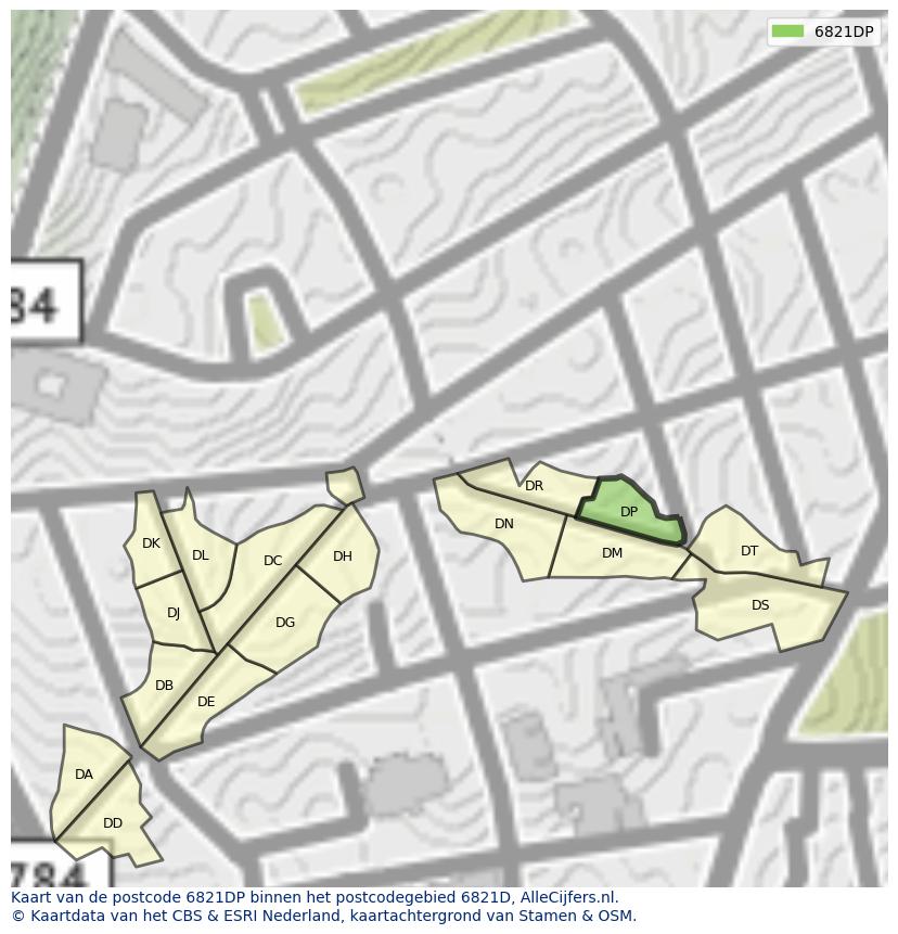 Afbeelding van het postcodegebied 6821 DP op de kaart.
