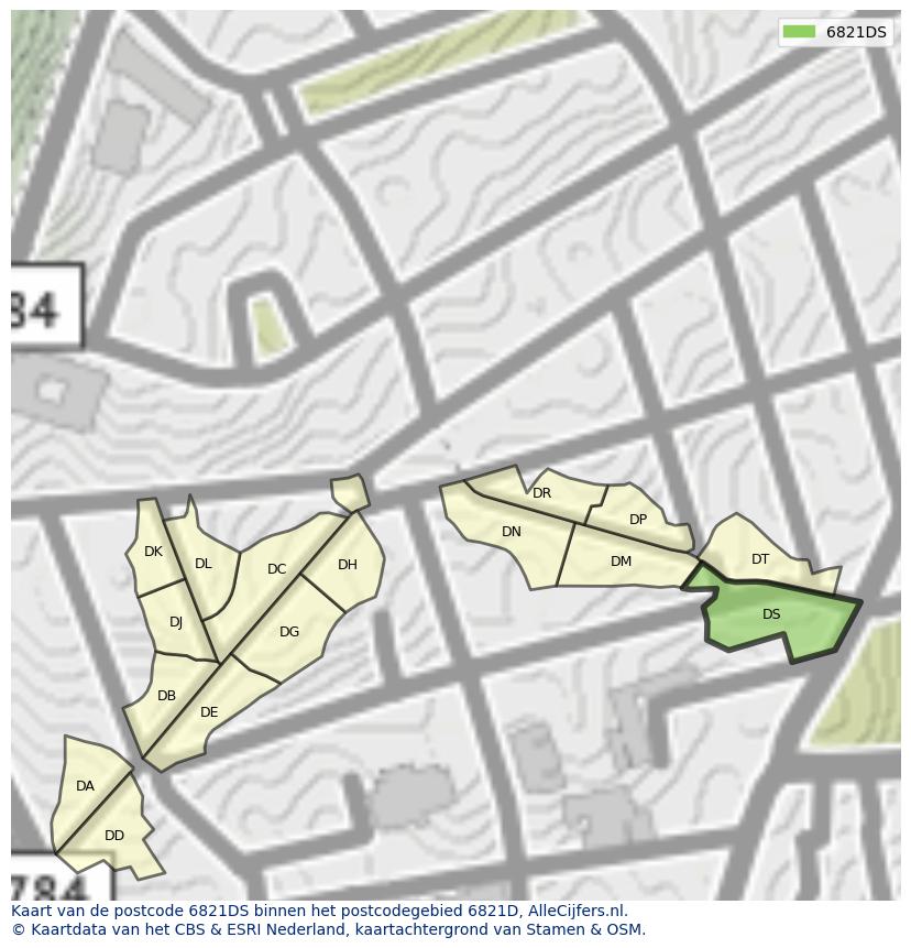 Afbeelding van het postcodegebied 6821 DS op de kaart.