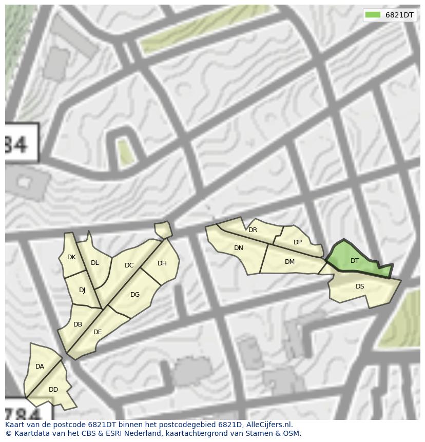Afbeelding van het postcodegebied 6821 DT op de kaart.