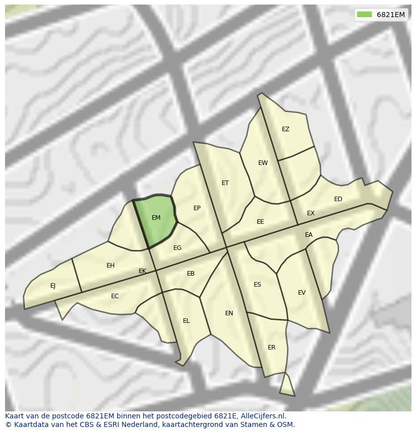Afbeelding van het postcodegebied 6821 EM op de kaart.