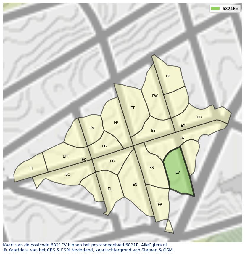 Afbeelding van het postcodegebied 6821 EV op de kaart.