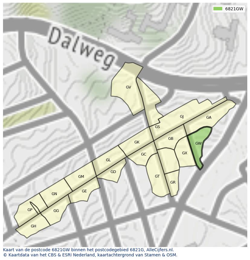 Afbeelding van het postcodegebied 6821 GW op de kaart.