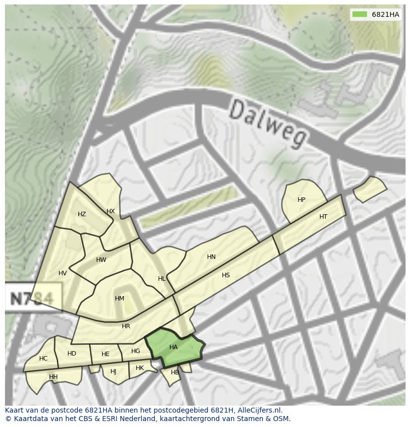 Afbeelding van het postcodegebied 6821 HA op de kaart.