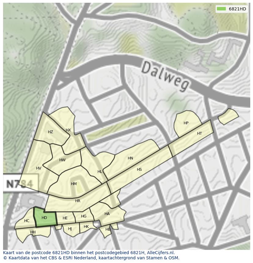 Afbeelding van het postcodegebied 6821 HD op de kaart.