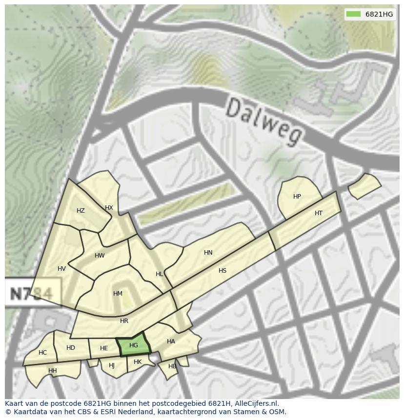 Afbeelding van het postcodegebied 6821 HG op de kaart.