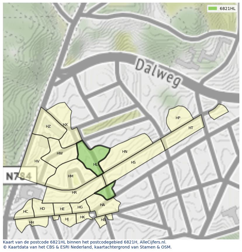 Afbeelding van het postcodegebied 6821 HL op de kaart.