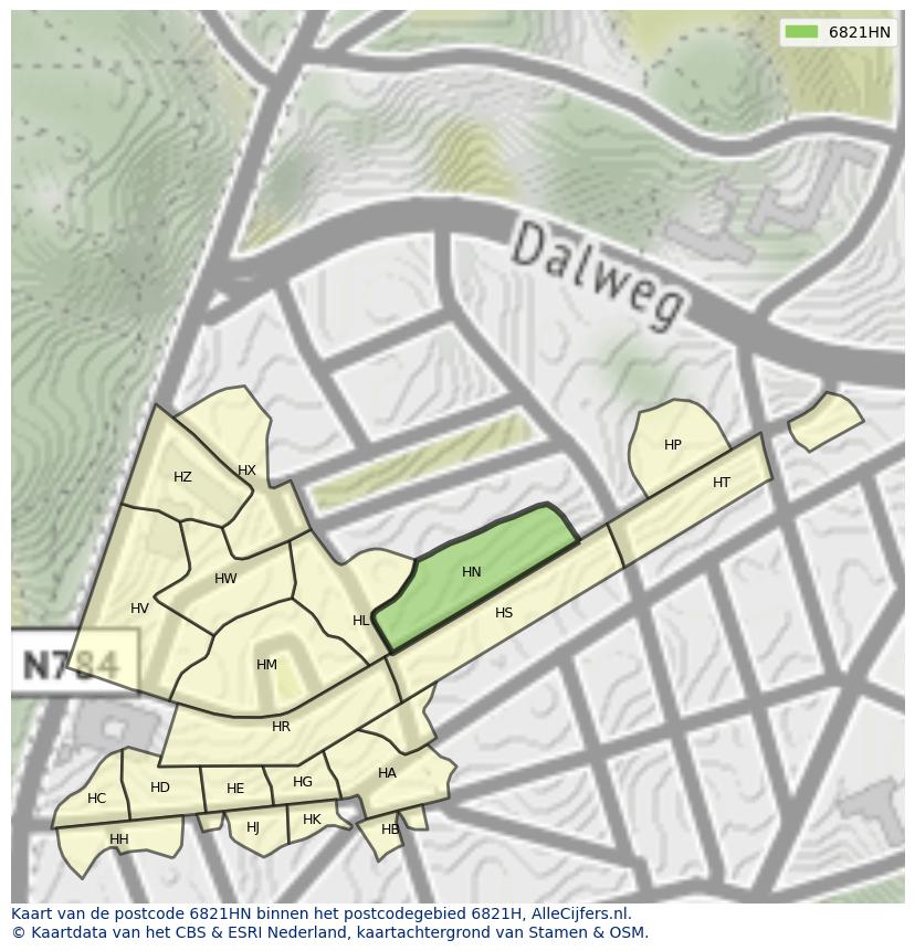Afbeelding van het postcodegebied 6821 HN op de kaart.