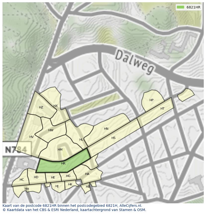 Afbeelding van het postcodegebied 6821 HR op de kaart.