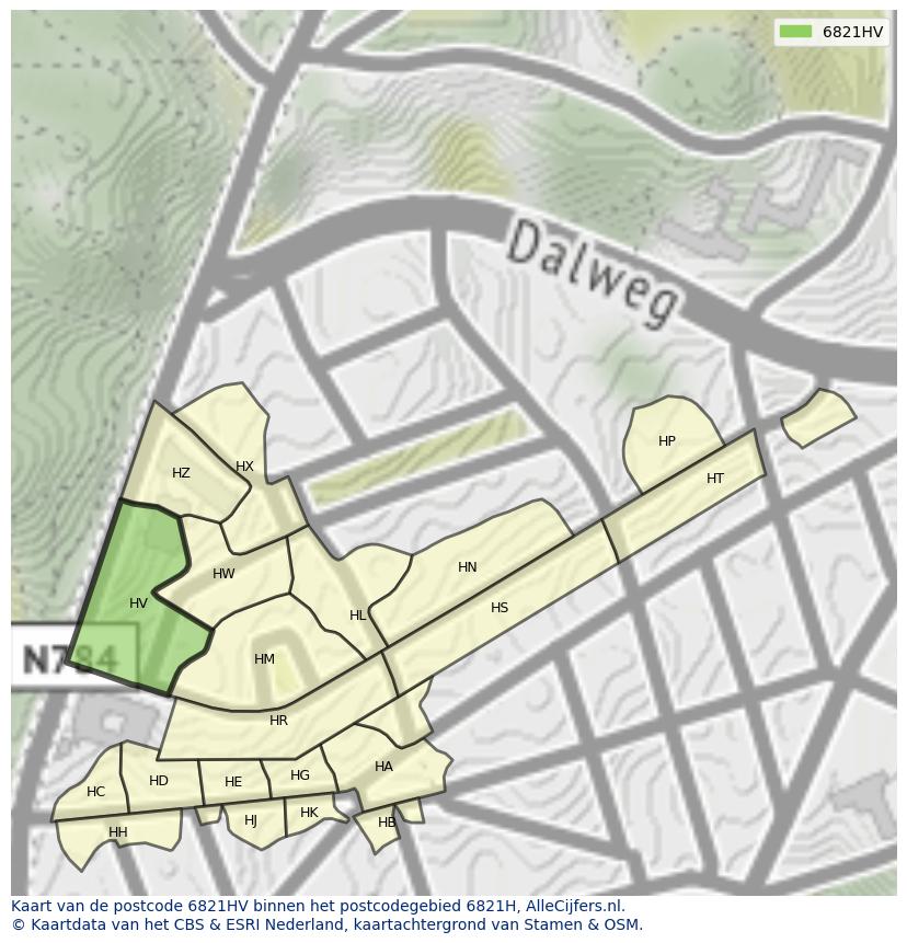 Afbeelding van het postcodegebied 6821 HV op de kaart.