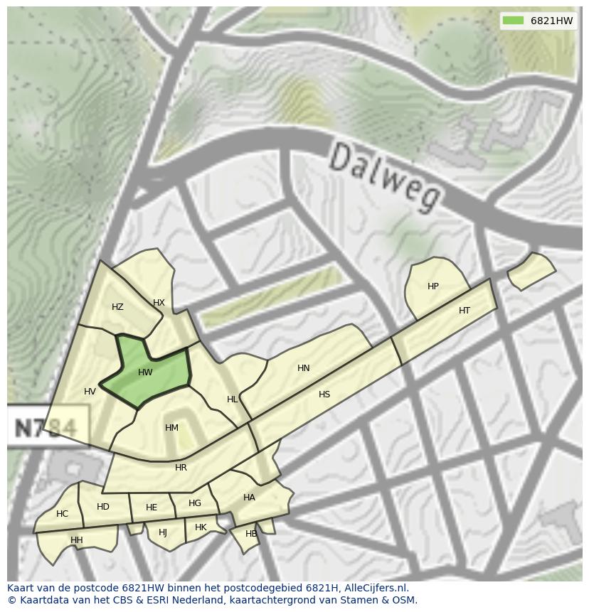 Afbeelding van het postcodegebied 6821 HW op de kaart.
