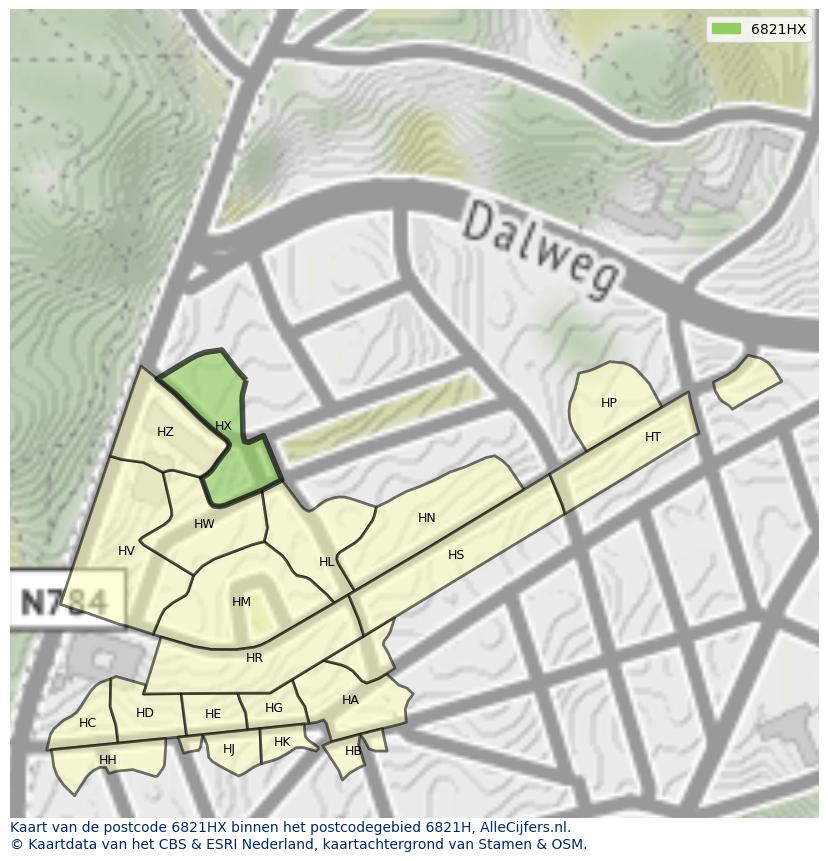 Afbeelding van het postcodegebied 6821 HX op de kaart.