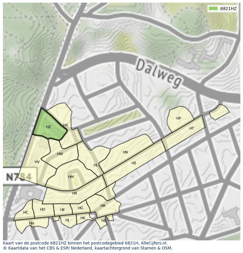 Afbeelding van het postcodegebied 6821 HZ op de kaart.