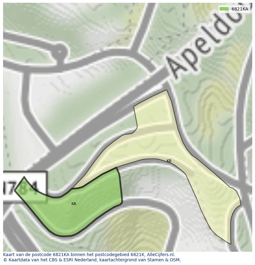 Afbeelding van het postcodegebied 6821 KA op de kaart.