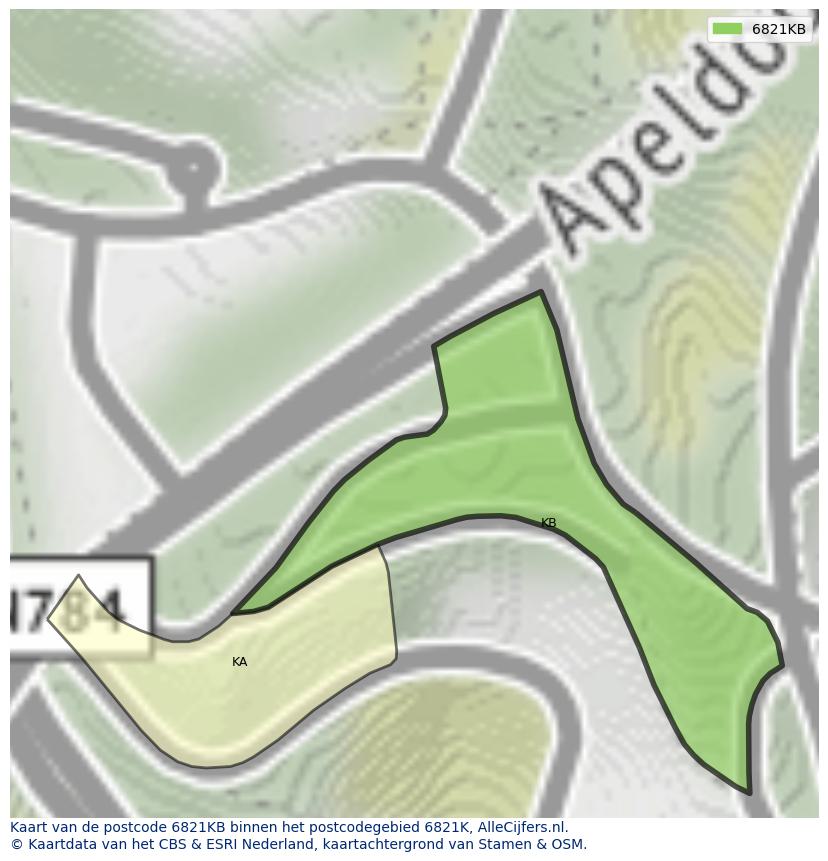 Afbeelding van het postcodegebied 6821 KB op de kaart.