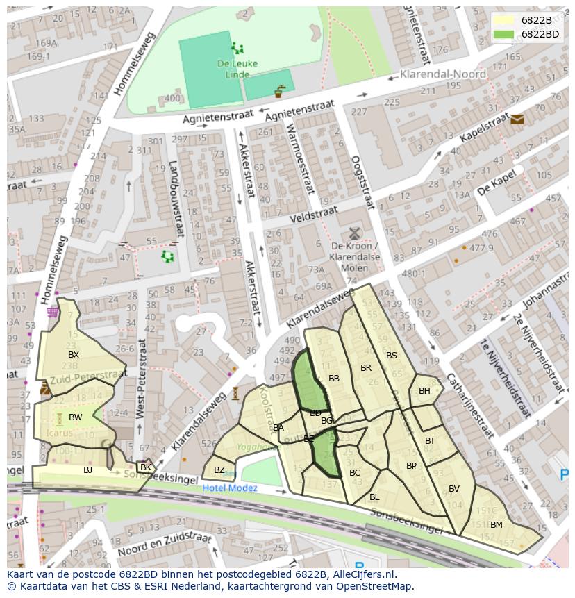 Afbeelding van het postcodegebied 6822 BD op de kaart.