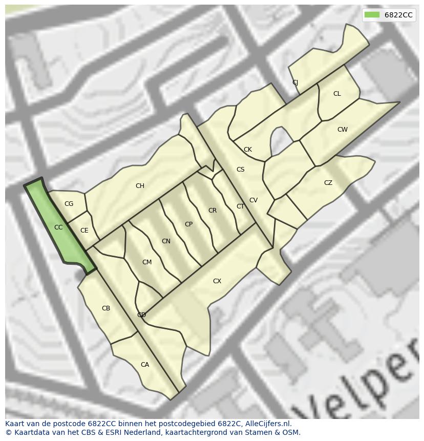 Afbeelding van het postcodegebied 6822 CC op de kaart.