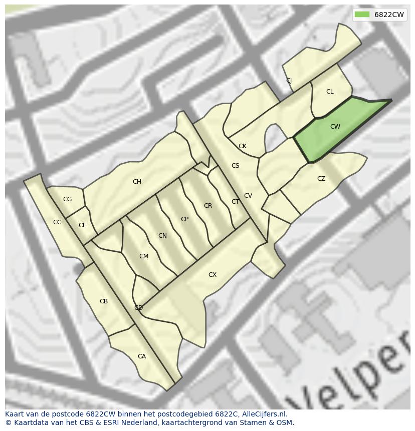 Afbeelding van het postcodegebied 6822 CW op de kaart.