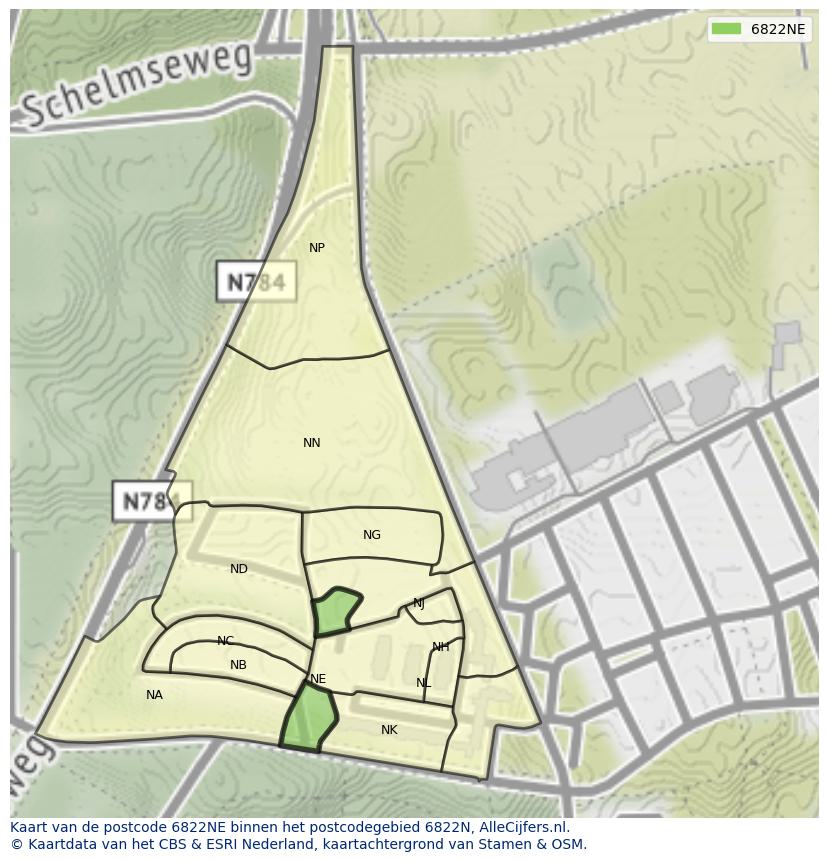 Afbeelding van het postcodegebied 6822 NE op de kaart.