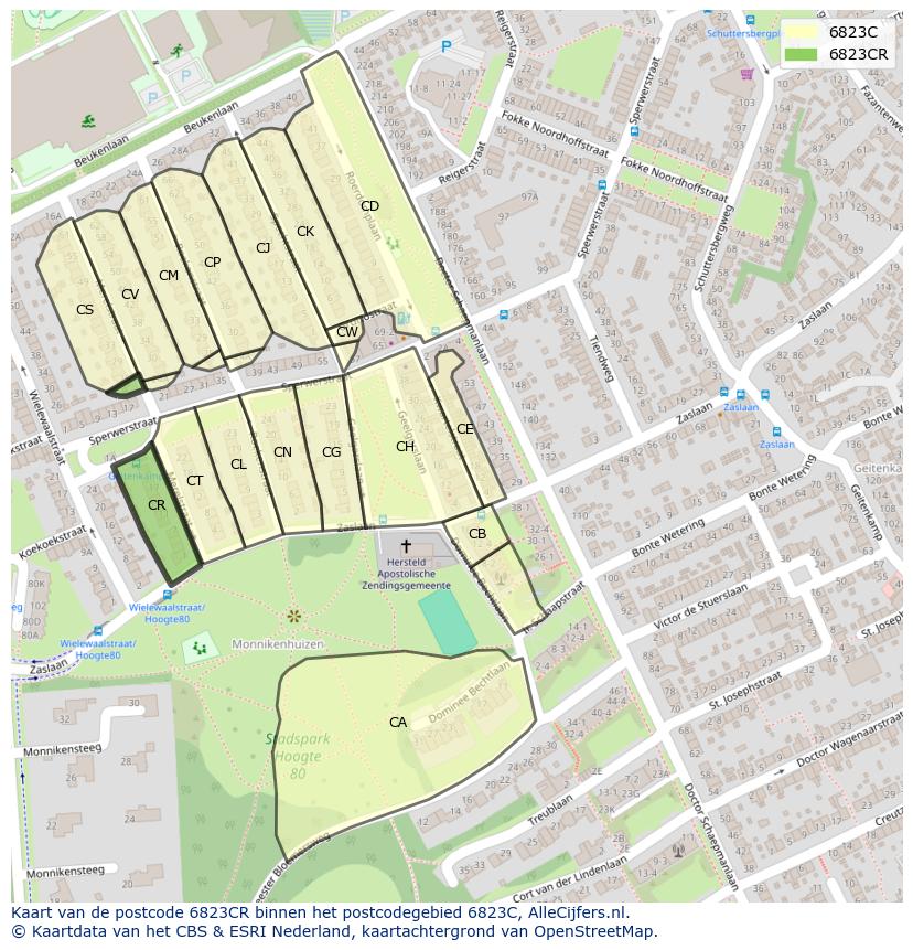 Afbeelding van het postcodegebied 6823 CR op de kaart.