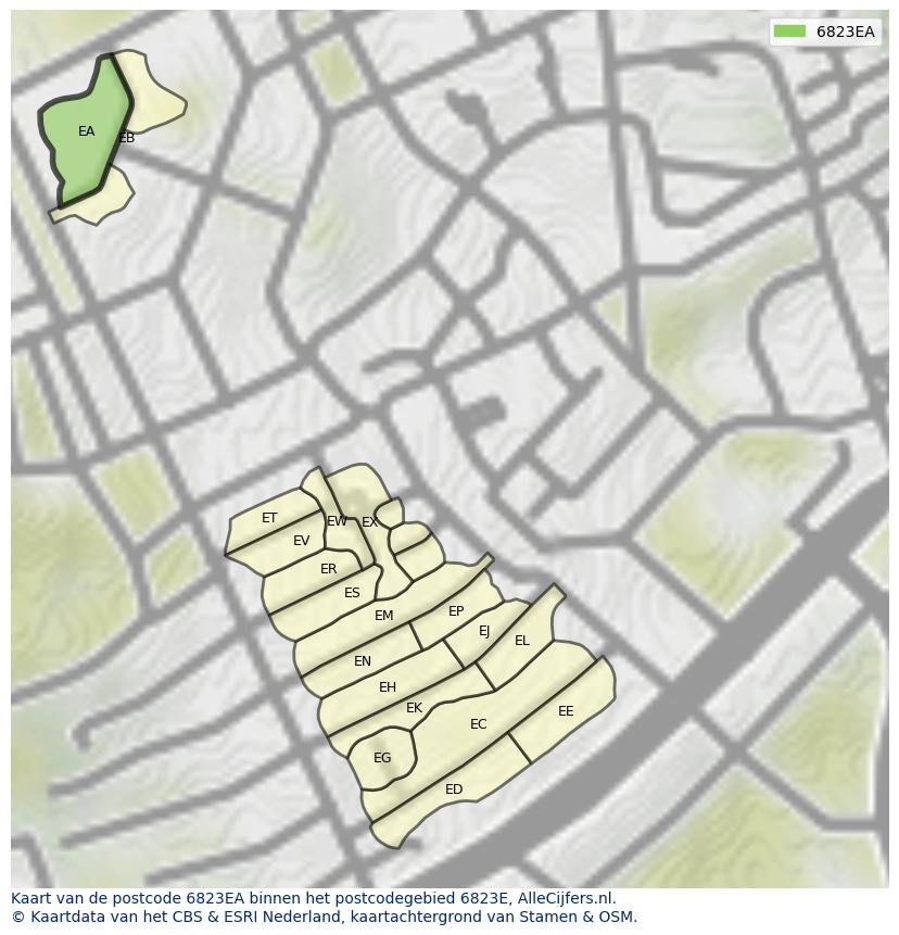 Afbeelding van het postcodegebied 6823 EA op de kaart.