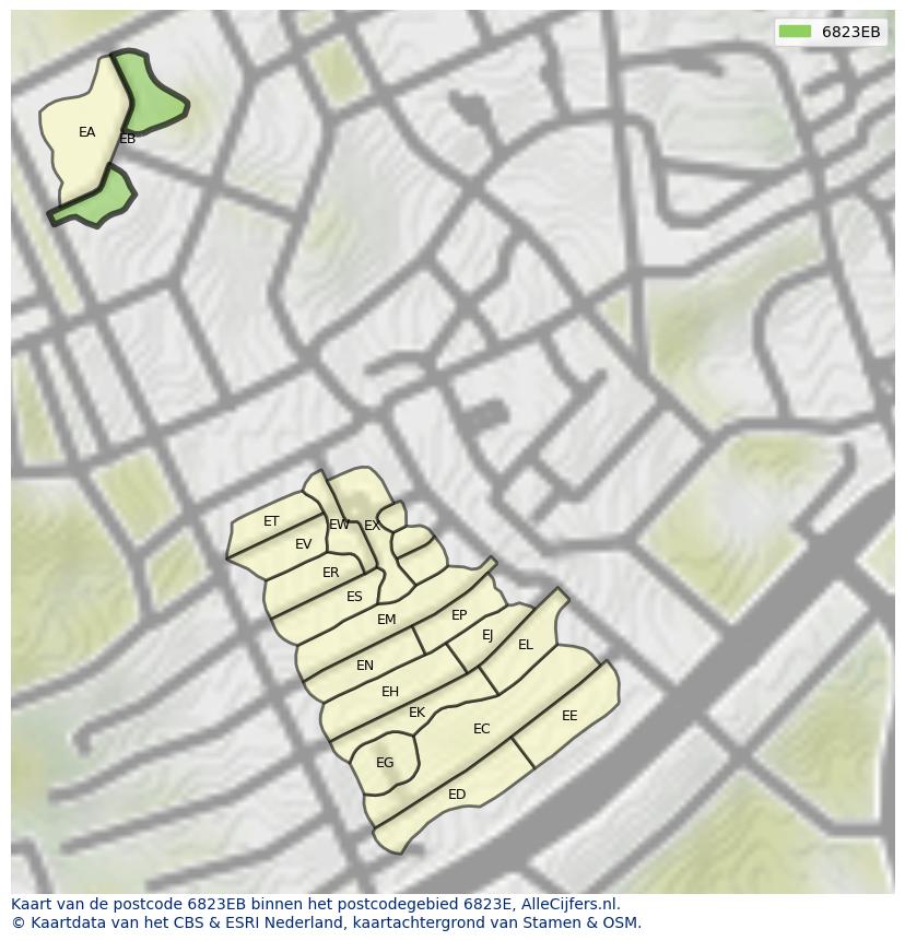 Afbeelding van het postcodegebied 6823 EB op de kaart.