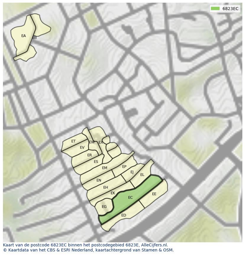 Afbeelding van het postcodegebied 6823 EC op de kaart.