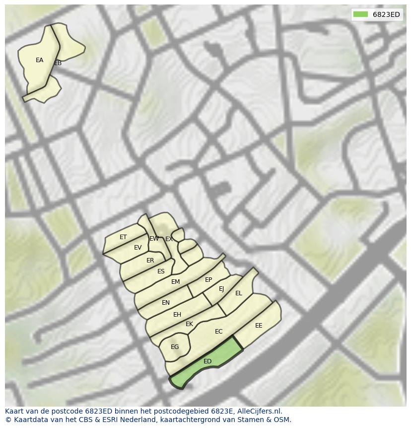 Afbeelding van het postcodegebied 6823 ED op de kaart.