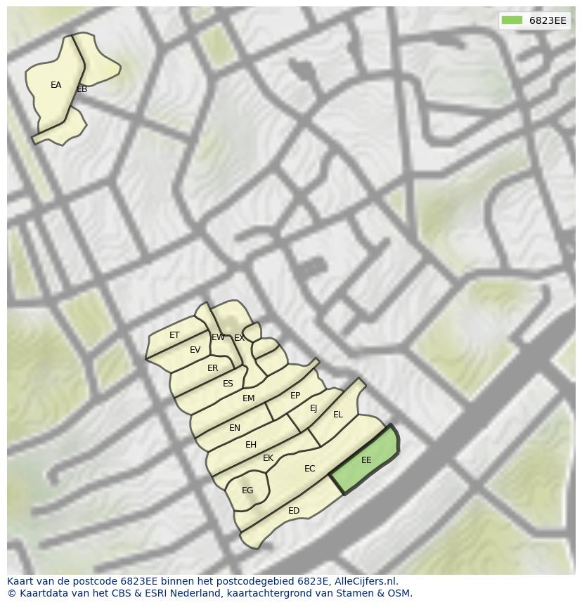 Afbeelding van het postcodegebied 6823 EE op de kaart.