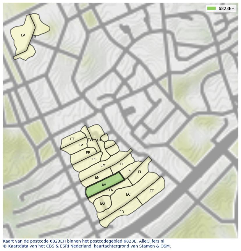 Afbeelding van het postcodegebied 6823 EH op de kaart.