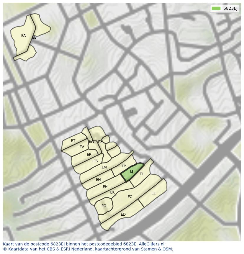 Afbeelding van het postcodegebied 6823 EJ op de kaart.