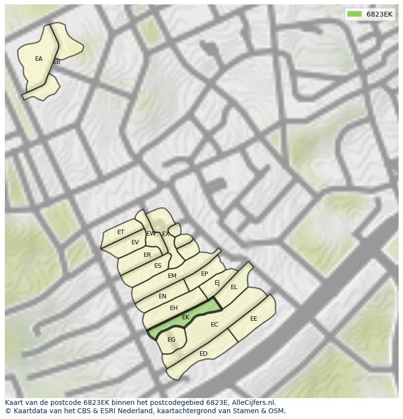 Afbeelding van het postcodegebied 6823 EK op de kaart.