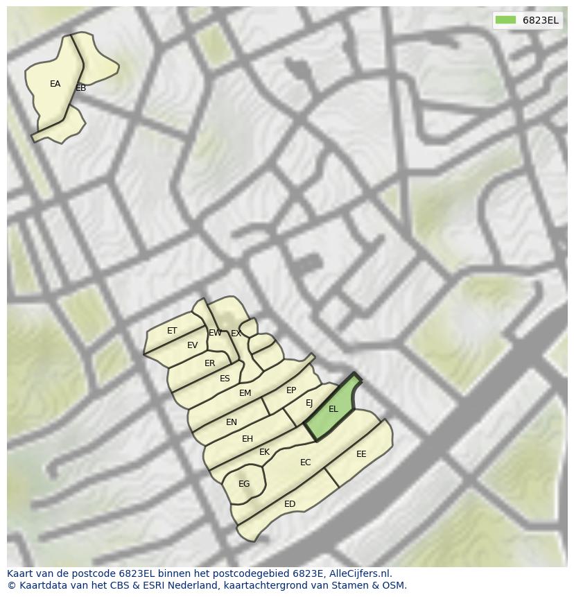 Afbeelding van het postcodegebied 6823 EL op de kaart.